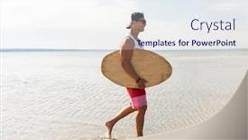  Presentation with skimboarding - PPT theme with skimboarding water sport and people concept - happy smiling young man with skimboard on summer beach background and a sky blue colored foreground