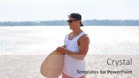  Presentation with young happy people smiling - PPT theme having skimboarding-water-sport-and-people background and a mint green colored foreground
