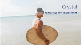  Presentation with young happy people smiling - Beautiful presentation theme featuring skimboarding-water-sport-and-people backdrop and a sky blue colored foreground