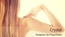  Presentation with shoulder - Colorful presentation enhanced with skin anatomy - beautiful caucasian topless woman toucing backdrop and a lemonade colored foreground