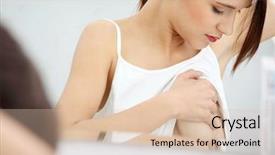  Presentation with breast cancer pocket - Presentation design consisting of skin anatomy - young caucasian adult woman examining background and a lemonade colored foreground