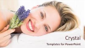  Presentation with man relaxing on massage table - Audience pleasing presentation theme consisting of skin beauty care - beautiful blonde lying on massage backdrop and a sky blue colored foreground