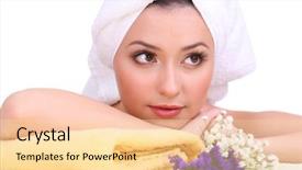  Presentation with white flowers - Slide deck featuring skin beauty oils - beautiful young woman with flowers background and a  colored foreground