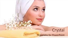  Presentation with white flowers - Colorful presentation theme enhanced with skin beauty oils - beautiful young woman with flowers backdrop and a  colored foreground