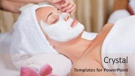  Presentation with skin care organic cosmetics - Cool new PPT theme with skin care beautician applying face backdrop and a  colored foreground