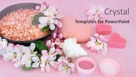  Presentation with skin care - Presentation consisting of skin care beauty treatment with exfoliation mineral salts cleansing products and apple blossom flowers on pink background background and a lemonade colored foreground