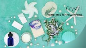  Presentation with anti ageing - Presentation theme featuring skin care beauty treatment with fresh rosemary herb and cosmetic beauty products has astringent anti ageing benefits helps to reduce environmental skin damage flat lay on turquoise background and a seafoam green colored foreground