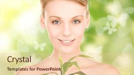 Presentation with abstract spring green - Colorful theme enhanced with skin graft - woman with sprout and butterflies backdrop and a  colored foreground