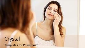  Presentation with weight loss woman showing - Audience pleasing theme consisting of skin hygiene - picture showing young woman looking backdrop and a coral colored foreground