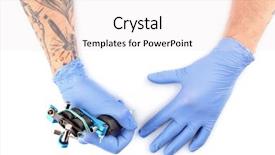  Presentation with tattoo - Slide set featuring skin needling - tattooist hands in blue gloves background and a sky blue colored foreground