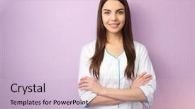  Presentation with skin color - Presentation design having skin occupational - young specialist in beauty salon background and a  colored foreground