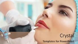  Presentation with beautician - Colorful PPT theme enhanced with skin occupational - young woman having permanent makeup backdrop and a coral colored foreground