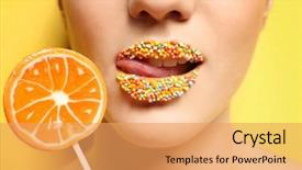  Presentation with lollipop - Beautiful PPT theme featuring skin pearl - beautiful young woman holding lollipop backdrop and a yellow colored foreground