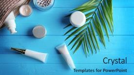  Presentation with cosmetic - Presentation theme enhanced with skin pearl - cosmetic bag with products background and a light blue colored foreground