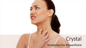  Presentation with self - Amazing theme having skin rash - young beautiful woman scratching her backdrop and a coral colored foreground