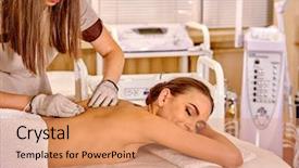  Presentation with beauty salon - Presentation theme enhanced with skin system - young smiling woman receiving electric background and a coral colored foreground