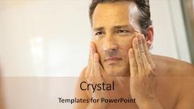  Presentation with facial recognition on a tech - Slide deck enhanced with skin treatment - middle-aged man in bathroom applying background and a coral colored foreground