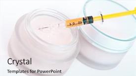  Presentation with syringe - Audience pleasing slides consisting of skin whitening - rejuvenating cream with syringe isolated backdrop and a light gray colored foreground