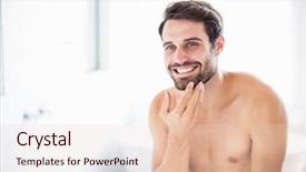  Presentation with bathroom - Theme featuring skincare - young man checking his stubble background and a lemonade colored foreground