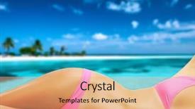  Presentation with island - PPT theme having skinny girls - woman on beautiful island beach background and a coral colored foreground