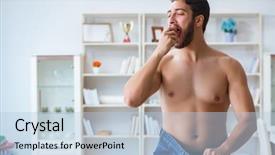  Presentation with weight loss lose text - Presentation theme with skinny men - man in oversized pants background and a light blue colored foreground