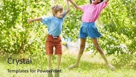  Presentation with multiethnics familly jumping in the air - Slides having skipping school - boy and girl cheer together background and a  colored foreground