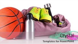  Presentation with sports school - PPT layouts enhanced with skipping school - sports bag with sports equipment background and a coral colored foreground