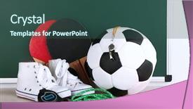  Presentation with sports school - Colorful presentation theme enhanced with skipping school - sports equipment on blackboard background backdrop and a  colored foreground