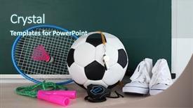  Presentation with sports school - Slide set with skipping school - sports equipment on blackboard background background and a  colored foreground