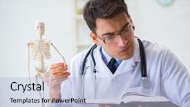  Presentation with skeleton bones - Slide deck with skull fracture - doctor student studying the bones background and a light blue colored foreground