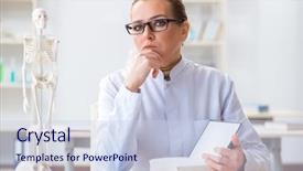  Presentation with skull - Slide deck enhanced with skull fracture - woman doctor studying human skeleton background and a lemonade colored foreground