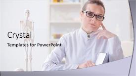  Presentation with skeleton - Presentation featuring skull fracture - woman doctor studying human skeleton background and a  colored foreground