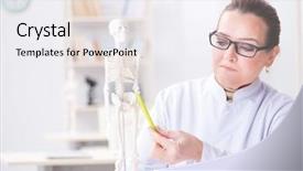  Presentation with real woman hair texture human - Beautiful presentation theme featuring skull fracture - woman doctor studying human skeleton backdrop and a  colored foreground