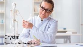  Presentation with skeleton - PPT theme consisting of skull fracture - woman doctor studying human skeleton background and a lemonade colored foreground