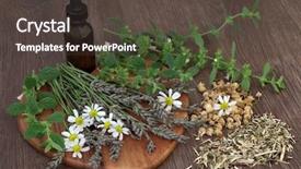  Presentation with essential oil - Presentation consisting of skullcap used in natural herbal background and a tawny brown colored foreground