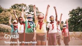  Presentation with superhero - Presentation theme consisting of sky blue green mix - children wearing superhero costume standing background and a coral colored foreground