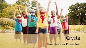  Presentation with costume - Audience pleasing slides consisting of sky blue green mix - children wearing superhero costume standing backdrop and a yellow colored foreground