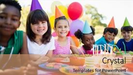  Presentation with cute birthday - Slides enhanced with sky blue green mix - cute children smiling and posing background and a coral colored foreground