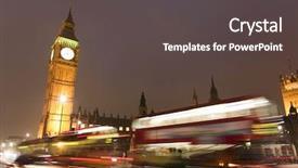  Presentation with london - Presentation design featuring sky bus transportation - big ben behind light beams background and a dark gray colored foreground