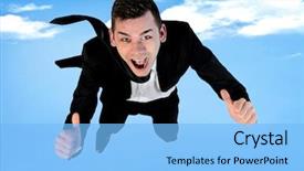  Presentation with 3d man business leader - Presentation featuring sky diving - business man fly showing ok background and a light blue colored foreground