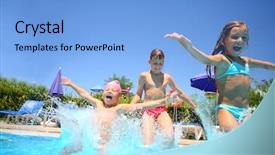  Presentation with swimming pool - PPT theme enhanced with sky diving - two little girls and boy background and a light blue colored foreground