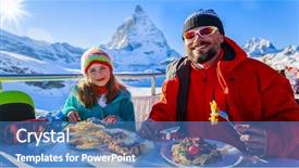  Presentation with mountain view - PPT layouts enhanced with sky food - swiss dinner - family skiers background and a teal colored foreground