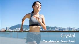  Presentation with running - PPT theme with sky sports - woman running in seaside boardwalk background and a light blue colored foreground