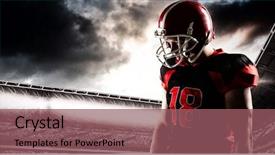  Presentation with american football and helmet on field - PPT theme with sky sports rugby - american football player standing background and a violet colored foreground