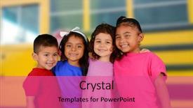  Presentation with bus stop - Audience pleasing presentation theme consisting of hispanic kids - group of friends who are backdrop and a coral colored foreground