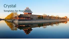  Presentation with lake - Colorful presentation design enhanced with skyline asia - imperial palace over lake backdrop and a sky blue colored foreground