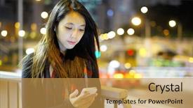 Presentation with night - Colorful slide set enhanced with skyline asia - woman using mobile at night backdrop and a yellow colored foreground