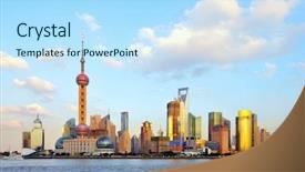  Presentation with shanghai - Colorful presentation theme enhanced with skyline of shanghai china backdrop and a light blue colored foreground