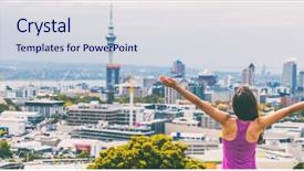  Presentation with eden - Audience pleasing presentation design consisting of happy woman in new zealand backdrop and a sky blue colored foreground