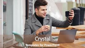  Presentation with egyptian man in make up - Cool new PPT theme with skype - image of cheerful brunette man backdrop and a  colored foreground